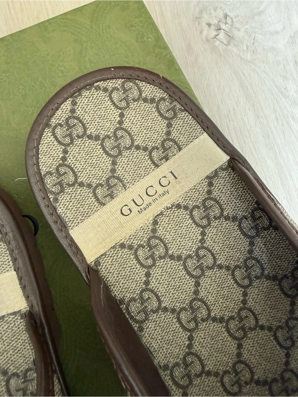 Gucci Beige GG Monogram Slip-On Slides Sandals with Brown Trim